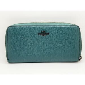 Coach Teal Leather Zip-Around Wallet With Multiple Card Slots & Interior Compart